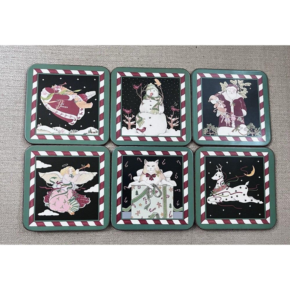 6pc Pimpernel Christmas Cork Back Coasters Set Snowman Angel Deer Santa Cat